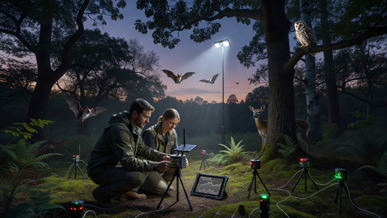 Infrared camera and acoustic array capturing crepuscular bat activity near an illuminated forest trail in Coolwald